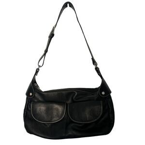 MAXX New York Purse Black Leather Shoulder Bag Pockets Zip Close Storage Silver